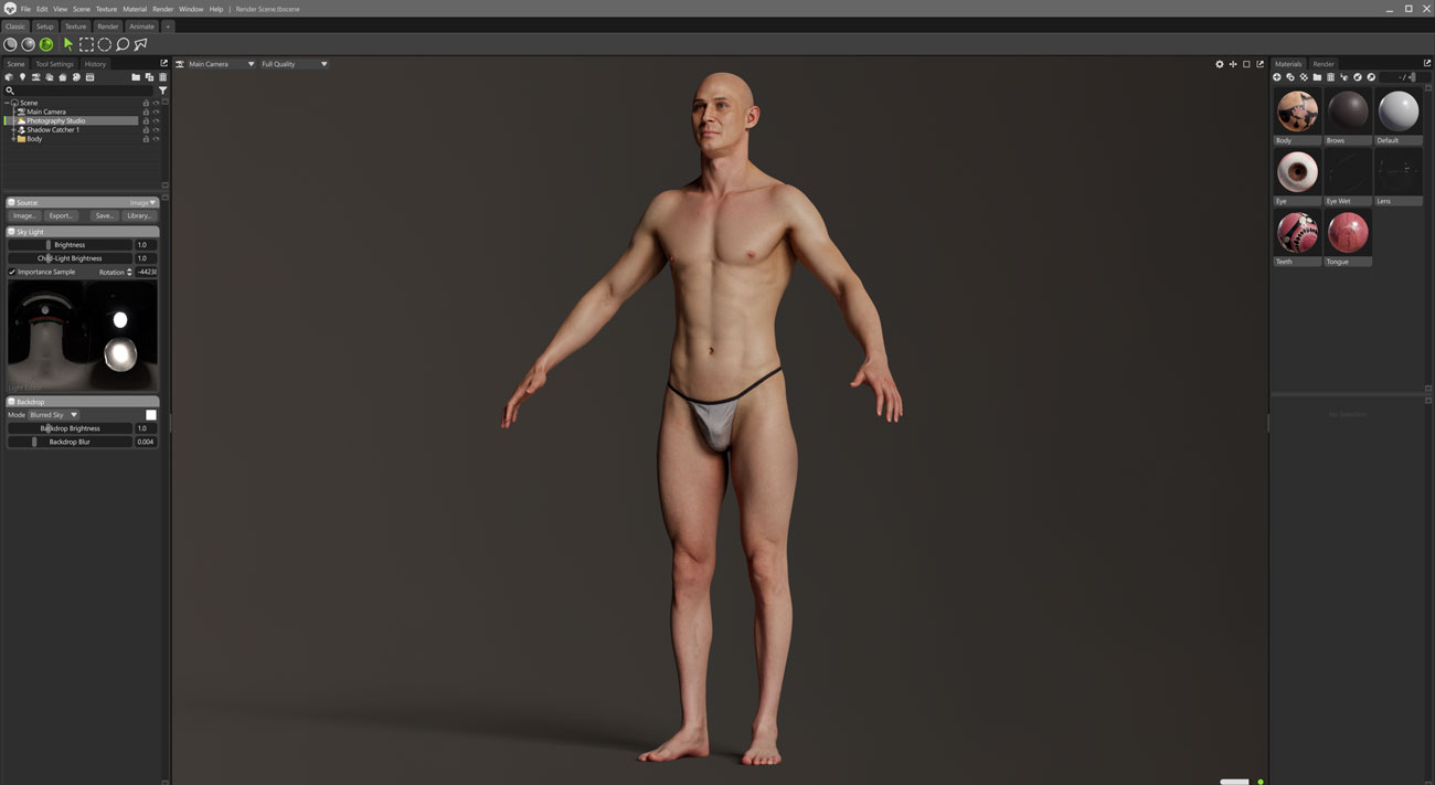 Marmoset Toolbag real-time scene render of a lean athletic male 3D body scan with PBR shading and lighting